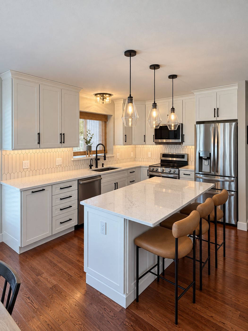 Remodeled kitchen with white shaker cabinets, quartz island, and leather bar stools